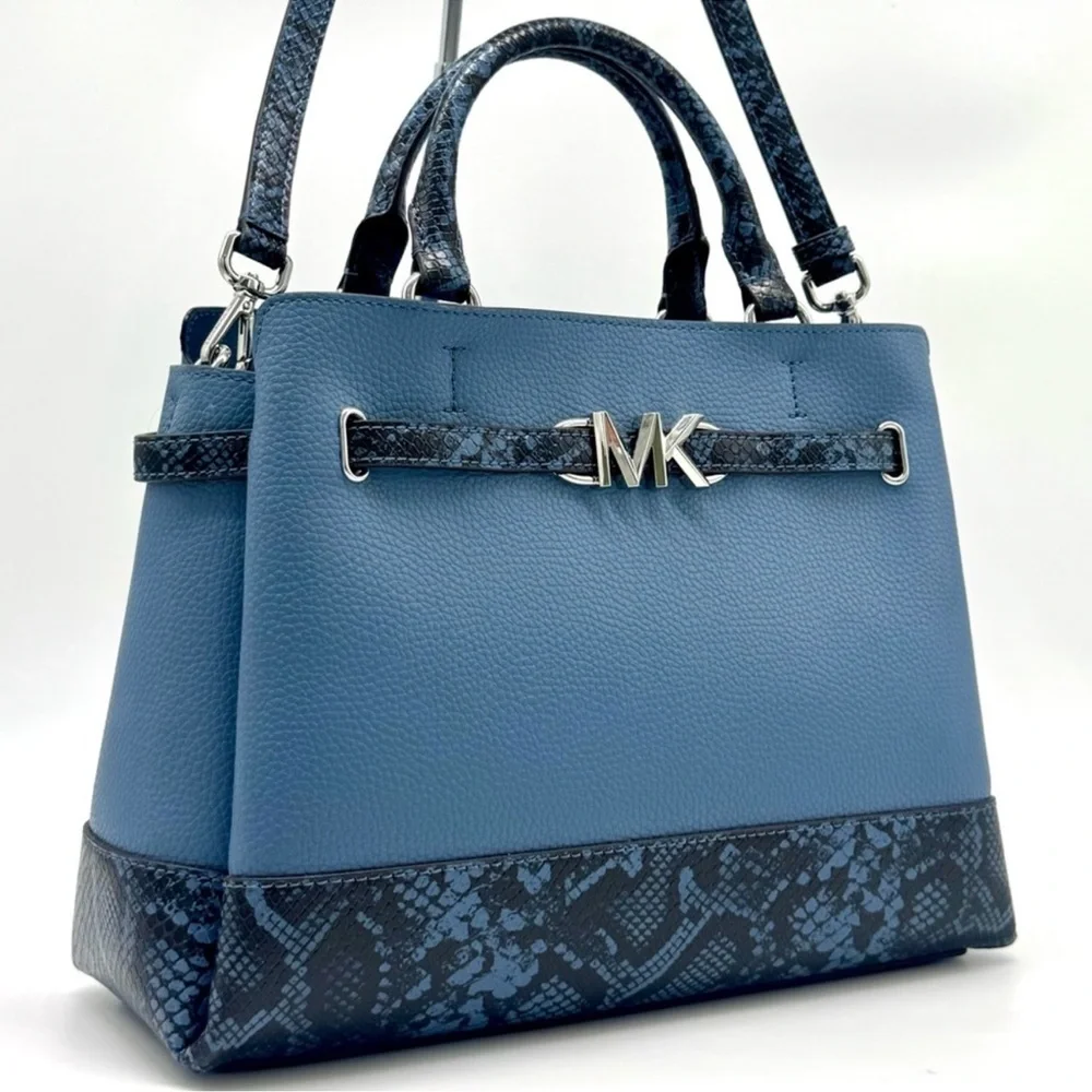 Michael Kors Large Reed Leather Belted Satchel Crossbody Bag Denim Snakeskin